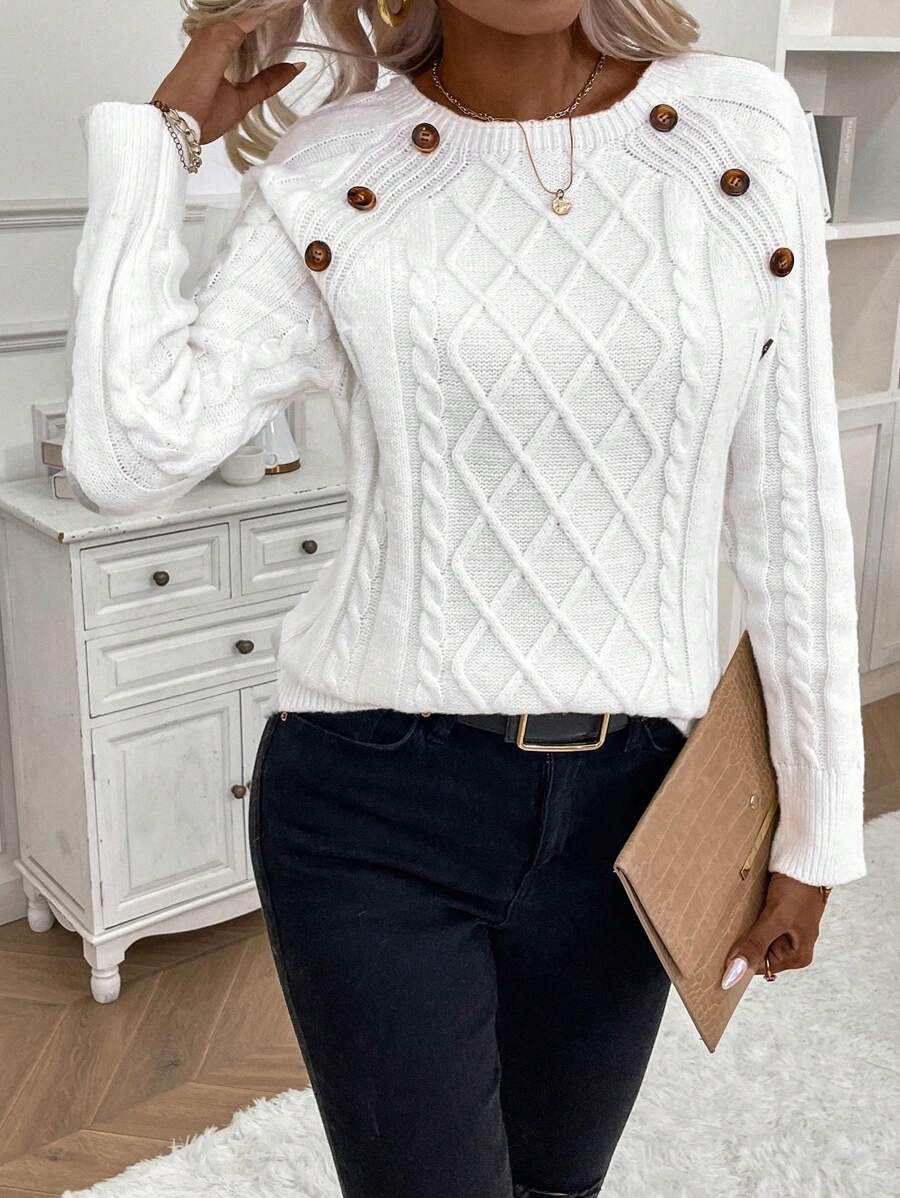 Clara | Button-Detail Cable Knit Sweater