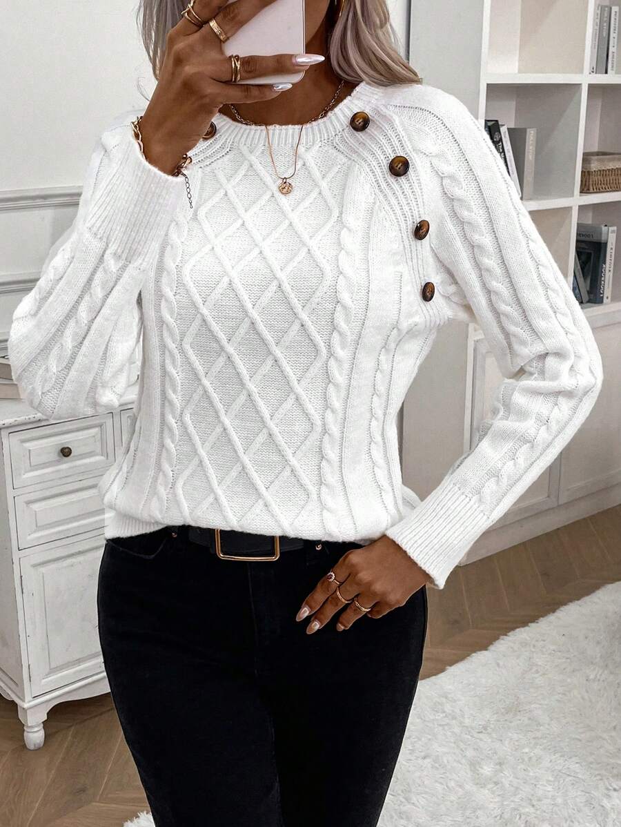 Clara | Button-Detail Cable Knit Sweater