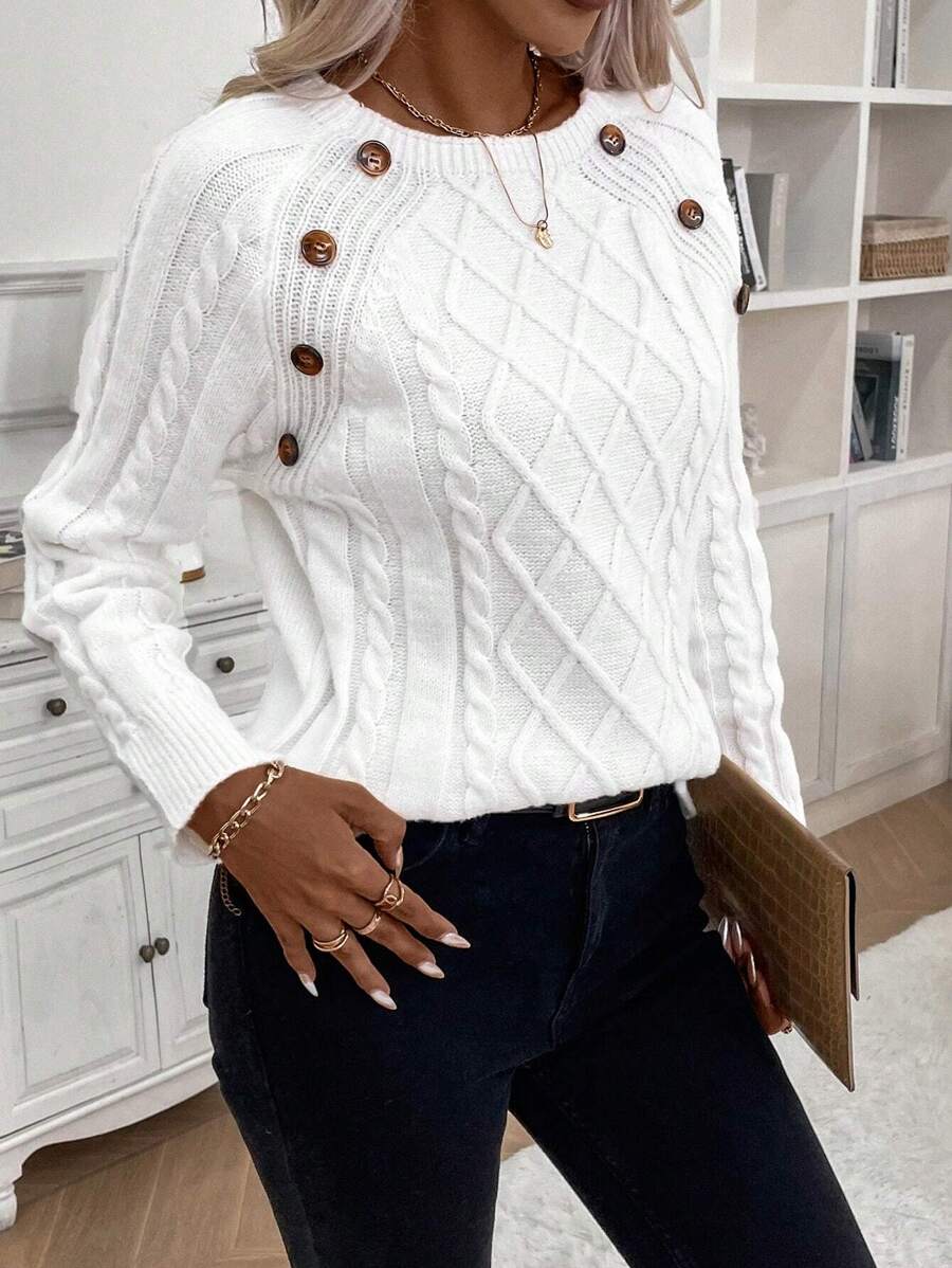 Clara | Button-Detail Cable Knit Sweater