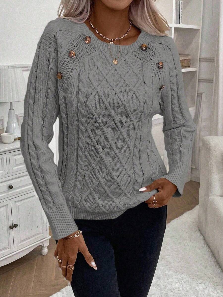 Clara | Button-Detail Cable Knit Sweater